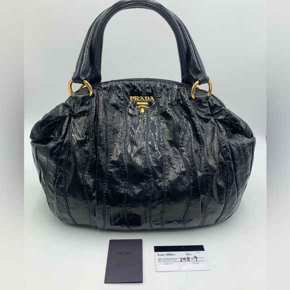 Auth Prada Black Patent Leather Whipstitch Tonal Stripe Satchel Lightweight - Picture 13 of 16